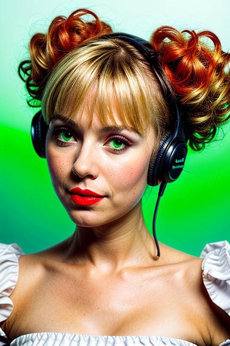 masterpiece, best quality, oil painting \(medium\), real, solo, 1girl, blonde hair, headphones, hair curls, black background, sound waves, green neon, white dress, musical note, red lipstick, medium hair, ringlets, green theme, hand on headphones, frills, puffy sleeves, short sleeves, red neon background, face close up, dutch view,