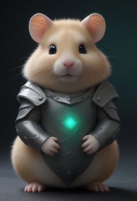 animal, armored hamster, intricate scales, novuschroma54 style armor plating, glowing gemstone embedded in bracer, slit pupils, futuristic design, green energy accents, reinforced metallic structure, detailed textures, high-tech aesthetic, cinematic lighting, dynamic pose, fantasy cybernetic fusion