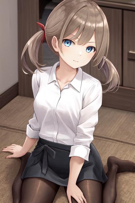 1girl blue eyes twintails hair ribbon white shirt black skirt black pantyhose