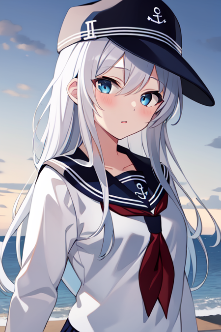 hibikikaiKC, 1girl, solo, long hair,skirt, thighhighs, long sleeves, hat,school uniform, pleated skirt, serafuku, sailor collar, neckerchief,black headwear, red neckerchief, anchor symbol, flat cap,