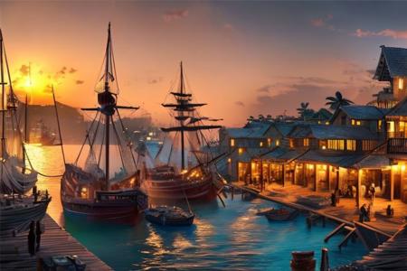 (masterpiece:1.2), (best quality,:1.2), 8k, HDR, ultra detailed, ((photorealistic)), perfect anatomy, professional light, cinematic lighting, fashion photography, ambient lighting, pire, ships, pier, outside a tavern over looking a busy harbor in the caribbean, sunset,