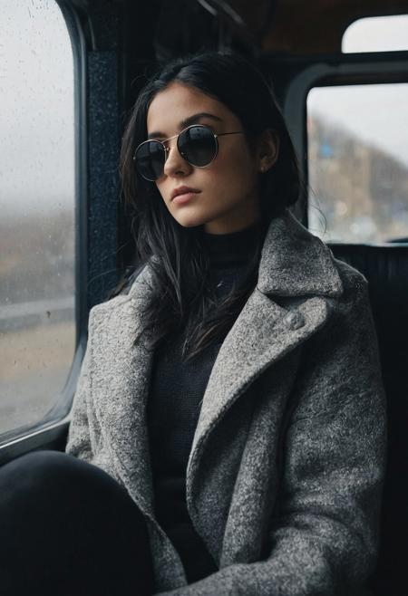 portrait, masterpiece, 4k, ray tracing, intricate details, highly-detailed, hyper-realistic, 8k RAW Editorial Photo.
1girl, sitting on bus, by the window, Black sunglasses, black hair, moody, rainy, white headphone, natural beauty, dark aesthetic, atmospheric, black sweater, black leather coat, 
cinematic light, dramatic light, shallow depth of field,  high budget, bokeh, cinemascope, film grain,