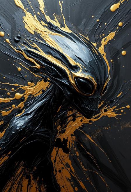 A hyper-stylistic, extremely detailed image depicts a breathtaking painting, crafted from a combination of smeared black and gold metallic paint. A alien is captured in a streaked motion, as if it is moving rapidly in one direction. The black paint is applied in bold, dynamic strokes, creating a sense of energy and movement that is contrasted beautifully by the golden accents. The gold paint is used to highlight the aliens features, adding a sense of depth and dimensionality to the image. The overall effect is one of breathtaking, surreal dynamism, as if the viewer has captured a fleeting moment in time. Every detail of the image is meticulously crafted, from the delicate, swirling patterns of the gold paint to the intricate, textured patterns of the black paint. The contrasts between light and dark, color and texture, create a sense of tension and energy that draws the viewer in, inviting them to explore the kinetic world of the painting. highest-Quality, intricate details, visually stunning, Masterpiece