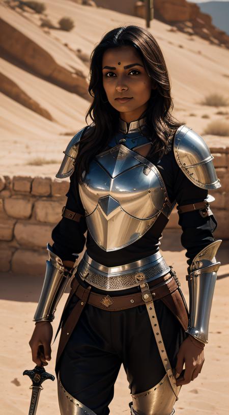 indian woman (knight, holding a sword, on a desert place), looking at viewer, wearing a leather pants, cuirass, gorget, pauldron, couter, vambrace, gauntlets, cuisses, greaves, sabatons, poleyn, tasses, plackard, rerebrace, breastplace, faulds, scabbard, gardbrace, shoulder armor, HDR