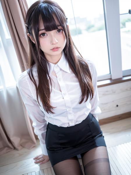 <lora:mafuyulightmakeup:0.7>, mafuyu, 1girl, solo, realistic, makeup, long hair, brown hair, bangs, black eyes, looking at viewer, blurry, day, blush, soft light, 8K, ultra high resolution, ultra-detailed, photorealistic, an extremely delicate and beautiful, caffe,  (white shirt:1.1), microskirt, (pencil skirt:1.1), (pantyhose:1.2), corset,