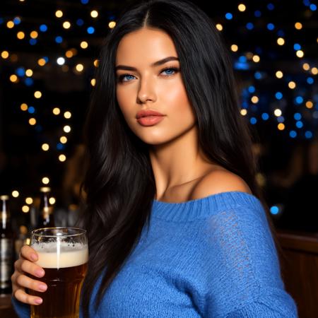 score_9, score_8_up, score_7_up, dynamic angle, beautiful lighting, sharp focus, 8k, high res, Masterpiece, Nikon Z9, beautiful lady, realistic, kms_AdrianaL, 1girl, nose, plump lips, thick lips, eyelashes, makeup, blue eyes, long hair, black hair, forehead, in luxurious nightclub, sitting at the bar, (holding a beer), wearing a sweater and jeans, bokeh, hyperdetailed photography, soft light, <lora:XL\KMS_Adriana_Lima_XL-000015:0.5>