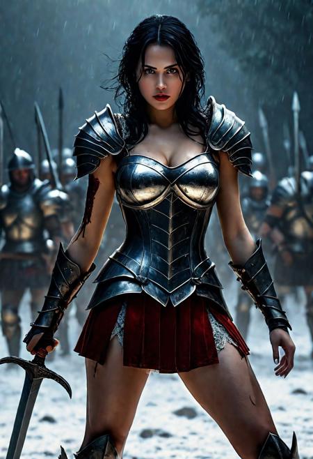 Ultra detailed digital art masterpiece Warrior Snow White girl dressed in a iron Armor and red mini skirt, Standing on a battlefield at the head of an army of knights, where a bloody slaughter is taking place, standing in battle pose, a dark epic fantasy, perfect lighting, beautiful Brett Cooper as Warrior Snow White girl, attractive woman, elegant, beautiful woman of athletic body, epic shot of the whole Warrior Snow White girl, unreal engine 5 nanite quality, dark fantasy, dark environment, very stormy day, LOTR style, dark washed out eyeliner, no make up, natural bloody pale face, realistic brown eyes, ultra detailed atmospheric details, beautiful glowing effects, sparkle effects, realistic body proportions, beautiful face proportions, complex masterpiece, wavy raven black hair, creative glowing detailed tattoos, complex physics, enhanced colors, complimentary colors, ultra detailed raytracing reflections, Ultra detailed complex background, environment feels alive, direct eye contact, dramatic lighting, wet and sweaty skin, beautiful firm Breasts, Daylight, Concept art by Greg Rutkowski, adding to the intense and dynamic atmosphere of the scene.