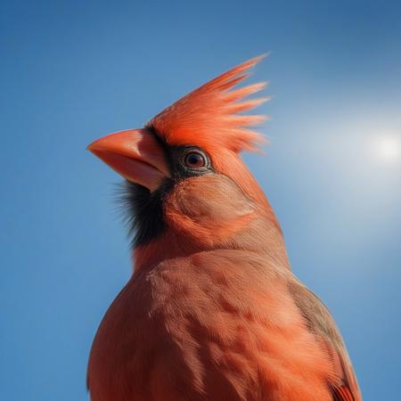 very realistic close-up photography of the head of a cardinal bird, blue sky background with cirrus clouds and slightly hidden sun