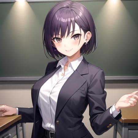 ((masterpiece)),(best quality),official art,extremely detailed CG,unity 8k wallpaper,ultra detailed,classroom,1girl,solo,upper body,(portrait:1.2),looking at viewer,office lady,short hair,purple hair,brown eyes,smile,business suit,earrings,jewelry,white shirt,large breasts,purple jacket,button,black belt,pencil skirt,skirt suit,purple skirt,black pantyhose,high heels,<lora:Amase Makoto(cur):0.8>,