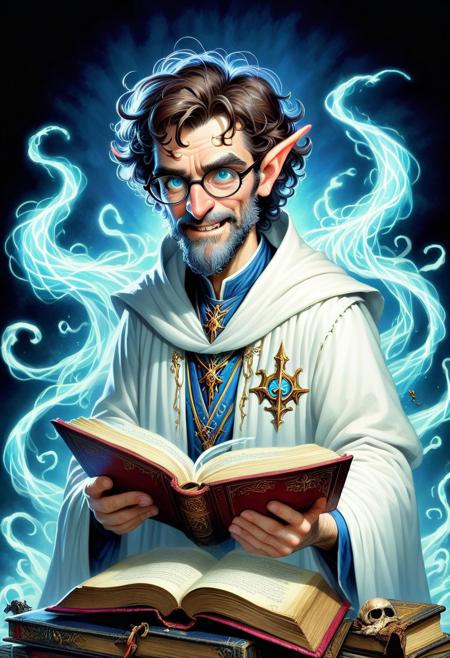 score_10, score_9, score_9_up, score_8_up, score_7_up, masterpiece, best quality, dark skin, Fantasy, 1980s Fantasy Style, wizard, small glasses, black rimmed glasses, wide jaw, wavy medium-length hair, brown hair, eye bags, middle-aged, unshaven, tired, smirk, white robes, vestments, holding book, spellbook, blue magic, black background, zombies, sorcerer, vivid colors