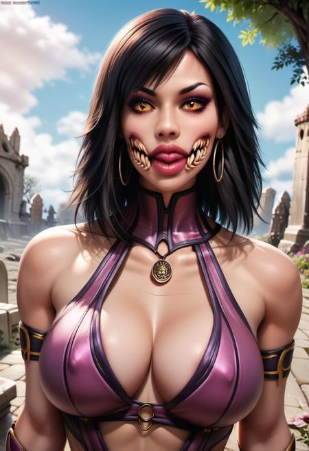 (masterpiece), realistic lighting, score_9, score_8_up, score_7_up, score_6_up, source_anime, realistic, intricate details, hyperdetailed, extremely sharp, 4k, (Kairunoburogu, by neocoill:0.5),vivid colors ,mileena mortal kombat,mask,demonic eyes,
(detailed face: 1.3), (perfect face:1.3),(perfect mouth:1.2),(perfect hands:1.3),(gorgeous),(detailed skin:1.2), ,(gigantic, large, round tits:1.3),full lips, very long eyelashes, necklace, round earrings,Indian style bracelets, long red nails, ,35 yo,(curvy woman),
standin,boots high heels,mortal kombat clothes,
background of a graveyard