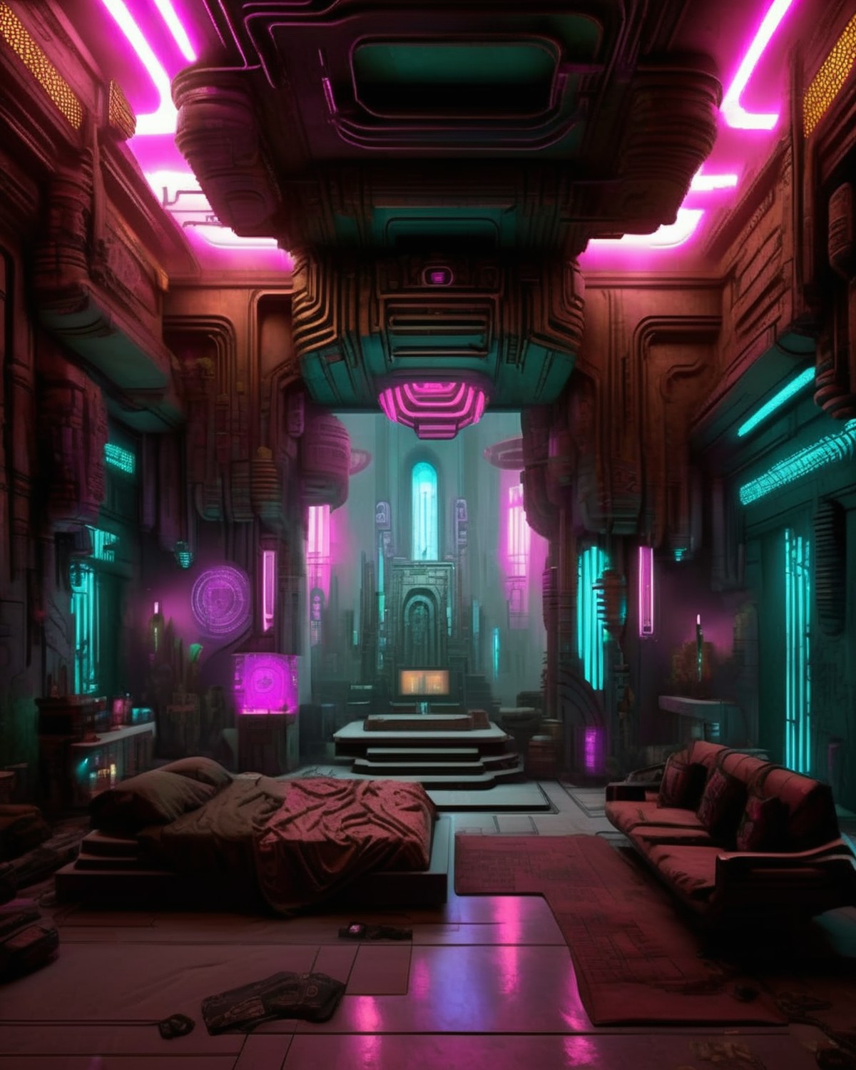 (a cyberpunk interior design ), Mind-melding temple, a sacred space where psionic practitioners commune through shared con...