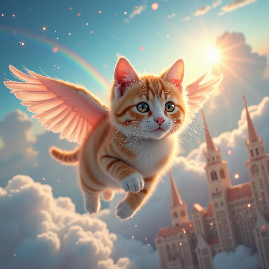 A flying cat with shimmering wings soaring above a magical city of clouds and rainbows, with sparkles trailing behind it