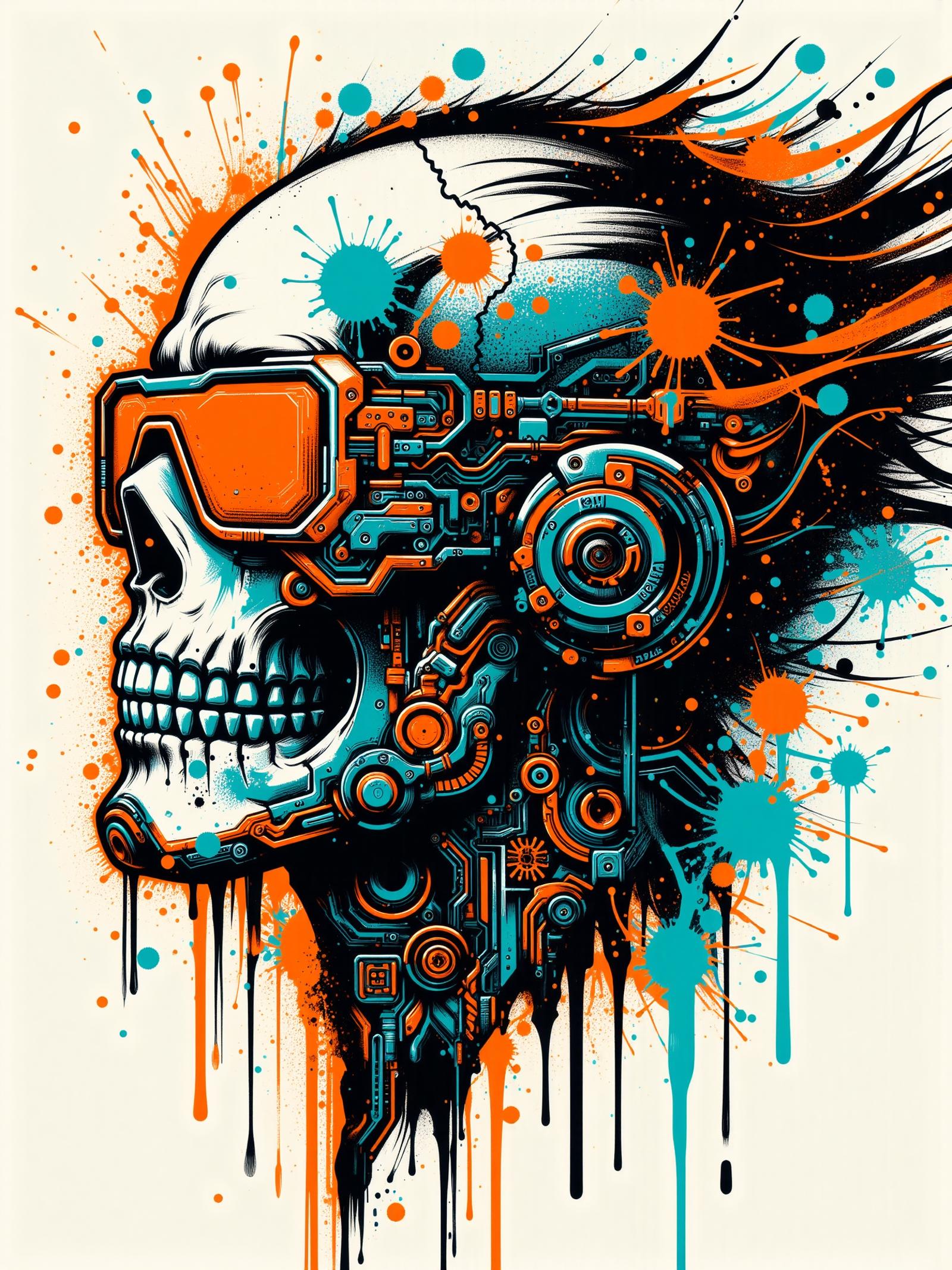 cyberpunk skull, mad-cbrpnksplshrt,  paint splashes, outrun <lora:Neon_Cyberpunk_Splash_Art_FLUX:0.8>