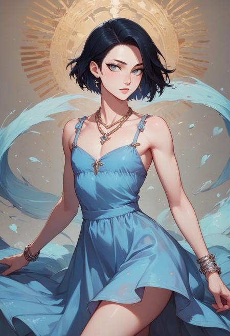 score_9, score_8_up, score_7_up, 1boy, femboy, otoko no ko, short hair, bob cut hair, black hair, grey eyes, gray eyes, feminine face, toned body, Shelly, camisole dress, loose dress, silk dress, blue dress, earrings, necklace, bracelet, elegant, flowing, highly detailed, intricate, zzCitronCAT, flirty expression, walking pose, cowboy shot, looking at viewer, modelshoot, abstract background, solo