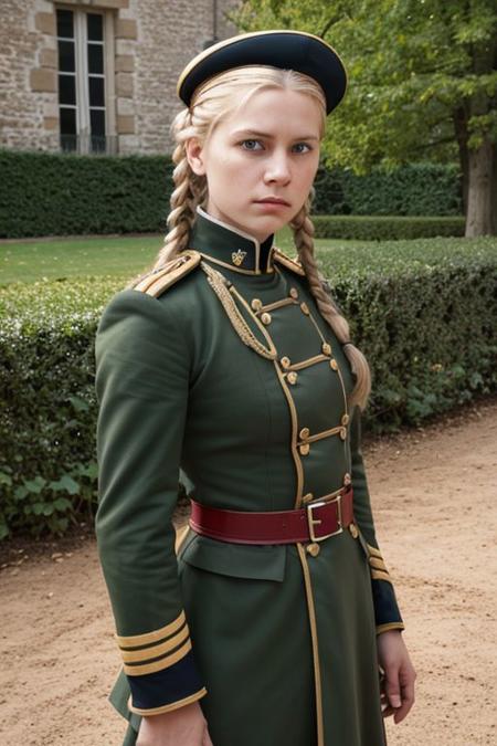 ground level outdoor photo of angry 25YO blonde French female with twinbraids wearing [XVI century] military uniform, bottom-view