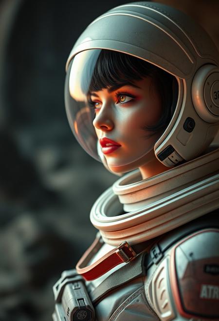 realistic photography of a space girl in alien world, short hair, spacesuit helmet, ana de armas, sci-fi, cyberpunk, latex spacesuit, space ranger, space warrior, alien color, hyper detailed, cinematic,