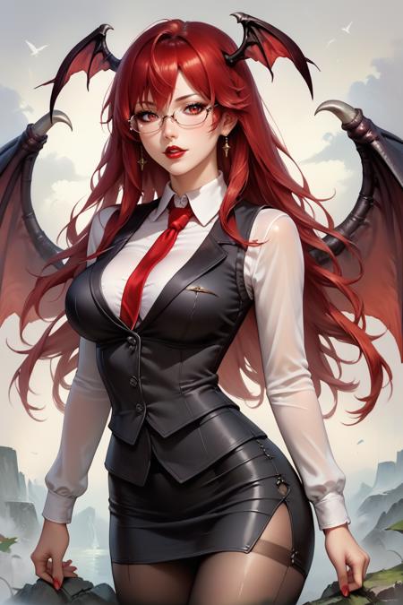 koakuma red hair, red eyes, wings, head wings, black vest, black skirt, white shirt, red tie