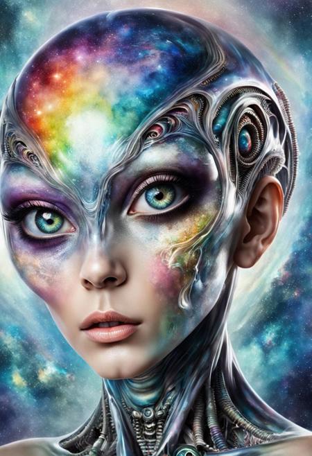 creepy symbiosis of beautiful girl and biomechanic alien worm, detailed face, high details, rainbow makeup, detailed face, futuristic background, watercolor painting, high contrast, extremely detailed, high quality, highly detailed, alienzkin