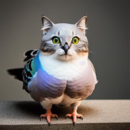 A photo portrait of a cute pigeon-cat hybrid, cat head, pigeon body, bold natural colors, masterpiece, trending on artstation, photograph, award-winning, documentary, wildlife, 8k
