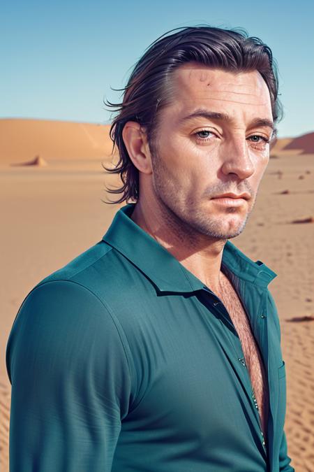 a man in a stunning teal suit, long black hair, in the middle of the Sahara desert, upper body, close up, raw, 8k uhd <lora:robertMitchum:1>