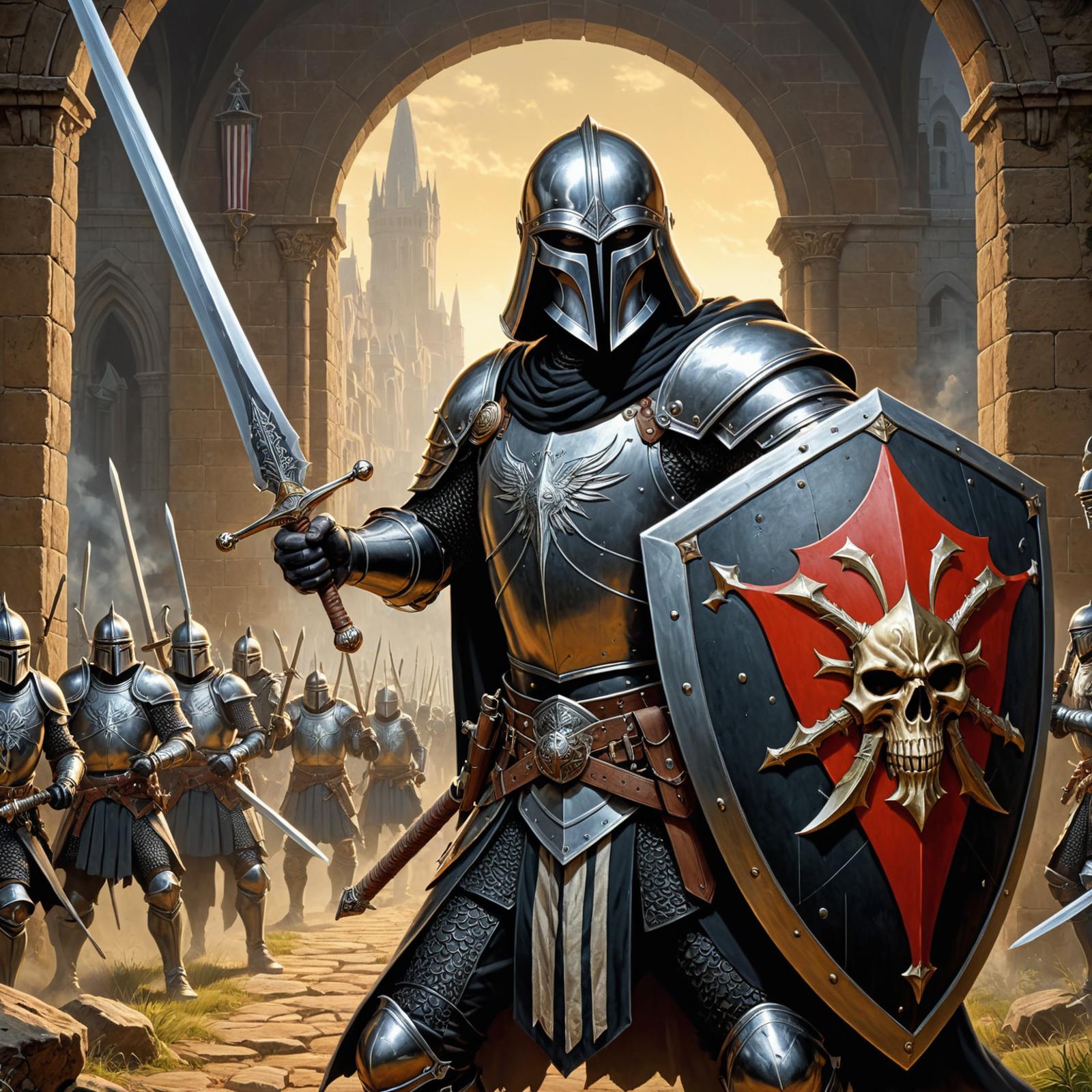 A fantasy artwork featuring a knight in silver armor holding a sword and shield.