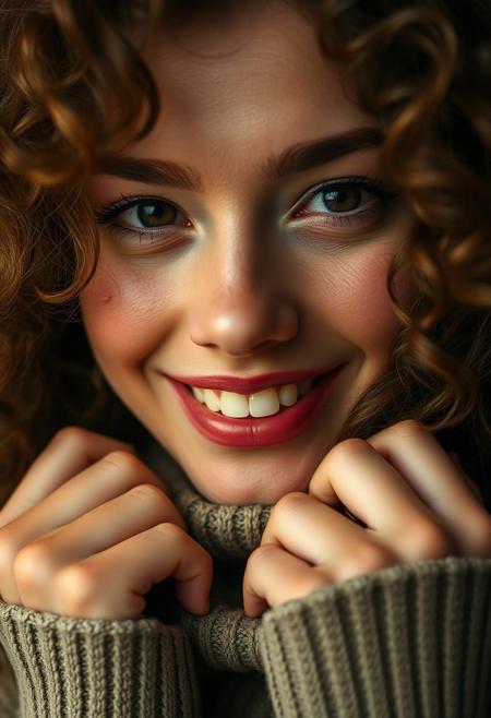 macro close-up shot of a cute women smiling (combing her hair with her hands:1.2) looking at viewerseductively, luxurious looking turtleneck, extremely long curly hair, seductiveconfident, skin pores, imperfections, natural, beautiful eyes,  (big hair), perfect teeth, (freckles:1.2), velus hairs, 100mm f/2.8 macro lens,, film grain, candid camera, color graded cinematic, 1960s vintage RAW photo, eye catchlights, catchlights in eyes, dramatic lighting, atmospheric lighting, rembrandt lighting,