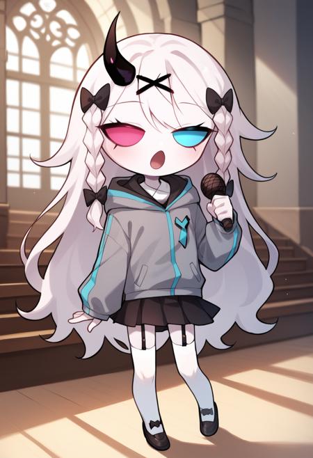 rasazyfnf chibi single horn, white eyes, no pupils, long hair, white hair, white skin, twin braids, x hair ornament, hair bow grey jacket, hood, long sleeves, cyan lines, black skirt, white thighhighs, bow, black garter straps, black footwear, shoes