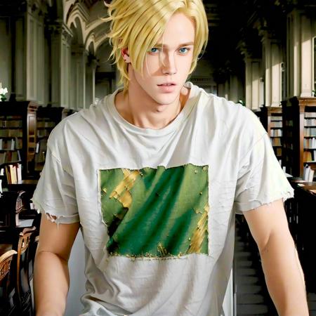 (best quality, high quality, masterpiece:1.3),, <lora:Ash:1>, Ash, in a large library,  wearing a white t-shirt, ripped jeans and red high tops,. blond hair, green eyes  <lora:muscle_slider_v1:-1> <lora:picxReal_10:1>