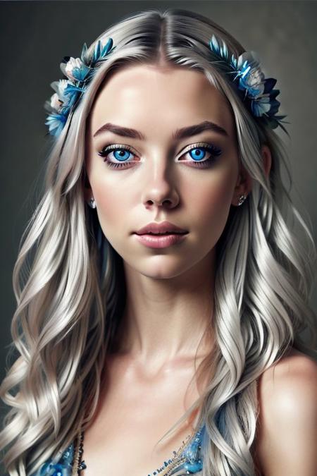 hyper-realistic portrait of a mysterious woman with flowing silver hair, piercing blue eyes, and a delicate floral crown,