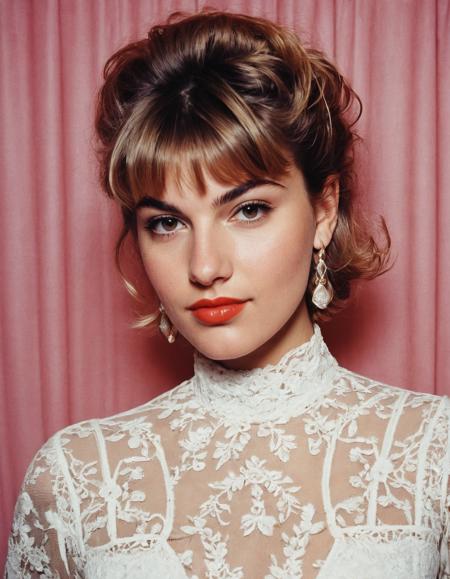 (indistinguishable from reality:1.4), 1girl, a beautiful 20 y.o New York Italian, 1986, vintage Photobooth, grainy, (detailed facial features), (freckles:0.05), (acne:0.025), mullet haircut, PAWG, plump, rebellious, smirk, ultra detailed texture French haute couture corporate outfit, head and shoulders portrait, cover