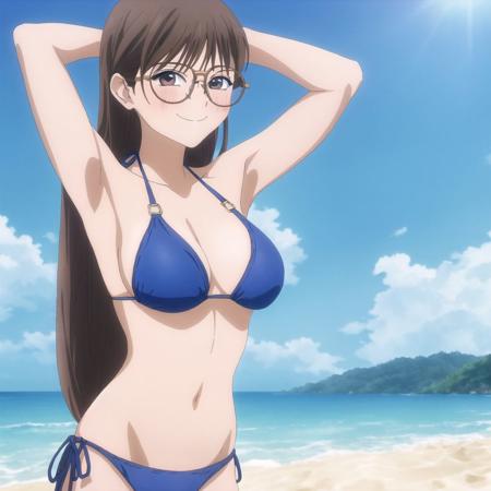 <lora:akebi:1>, akebi,  

1girl, beach, bikini, breasts, brown hair, female focus, glasses, long hair, navel, ocean, outdoors, smile, solo, swimsuit