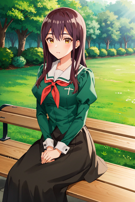 masterpiece, high quality, highres, 1girl, solo, yano, <lora:yano:0.7>, school uniform, (long skirt), long sleeves, puffy sleeves, red neckerchief, outdoors,  sitting, green shirt, brown eyes, bench, black skirt, upper body