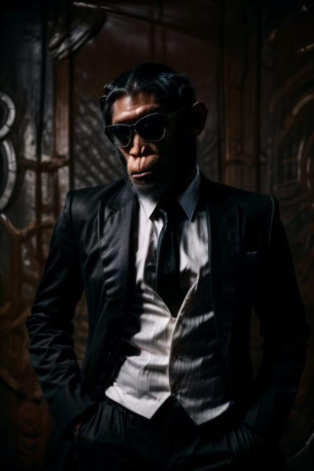 (analog photo) of a (gangster chimp) wearing a black suit with a white shirt and black tie and wearing black Rayban style sunglasses, serious face,  hands in pockets, confident posture, masterpiece, Fine art photography, award winning photography