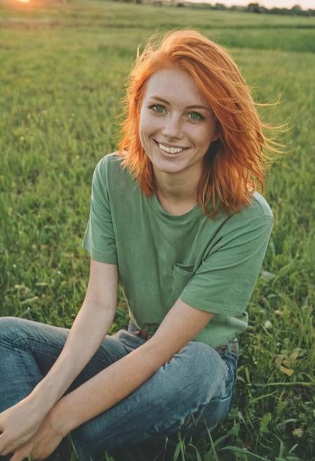 Lifestyle photo, mmalex, orange hair, green eyes, wearing a green shirt and jeans, in a beautiful flatland field with a sunset, smiling, grassy fields, pond, polaroid photo, grainy photo, DSLR