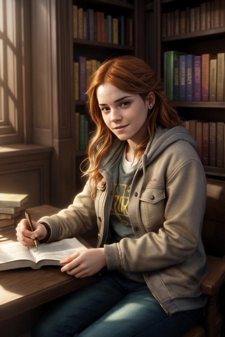 Hermione_Granger_Emma_Watson-4400, a woman, smile in face, Pencil in her hand, happy, golden hair, curley, pretty, in library, books, detailed, hdr, epic background, line art, digital illustration, comic style, dynamic, highly detailed, artstation, concept art, smooth, sharp focus, illustration, Thomas Moran style, art by Carne Griffiths and Wadim Kashin, detailed background, 60-30-10 color rule, warm tones, godrays, unreal engine, greg rutkowski, loish, rhads, beeple, makoto shinkai and lois van baarle, ilya kuvshinov, rossdraws, tom bagshaw, alphonse mucha, global illumination, detailed and intricate environment