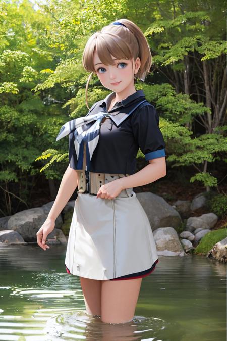 (masterpiece, best quality:1.2), <lyco:kancolle_intrepid-10:1.0>, cowboy shot, solo, 1girl, intrepid, smile, looking at viewer, wading, ponytail, black shirt, grey neckerchief, white skirt