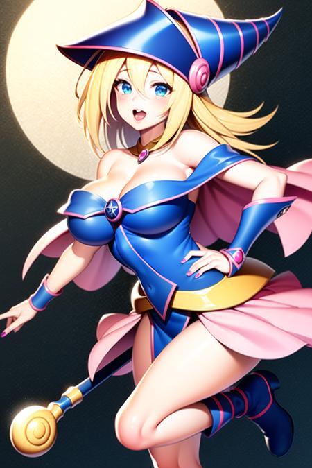 dark magician girl, masterpiece, best quality, 1girl, blonde hair, blue footwear, blue headwear, breasts, duel monster, hat, hexagram, large breasts, long hair, looking at viewer, nail polish, open mouth, pentacle, pentagram, pink nails, solo, staff, wand, wizard hat,

yu-gi-oh!,

<lora:dark_magician_girl_offset:1>