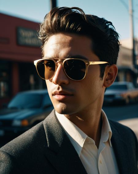 a guy wearing wayfarer sunglasses with his hand on the side of the stem, RAW candid cinema, 16mm, color graded portra 400 film, remarkable color, ultra realistic, textured skin, remarkable detailed pupils, realistic dull skin noise, visible skin detail, skin fuzz, dry skin, shot with cinematic camera, (b&w, Monochromatic, Film Photography:1.3),  Photorealistic, Hyperrealistic, Hyperdetailed, film noir, analog style, soft lighting, subsurface scattering, realistic, heavy shadow, masterpiece, best quality, ultra realistic, 8k, golden ratio, Intricate, High Detail, film photography, soft focus, detailed skin texture, (blush:0.5), (goosebumps:0.5), subsurface scattering