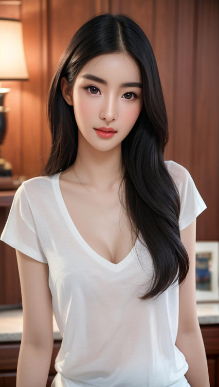 <lora:9CC4E38142:0.5> ,<lora:3E112DD422:0.5> preeyaphat_ploy,(a beautiful girl:1.8),(backlight:1.3),(a pale beautiful girl with flawless white skin),(pretty,adorable,cute,beautiful eyes,beautiful nose,beautiful lips,beautiful philtrum,beautiful chin,beautiful look,gorgeous,attractive,Almond-shaped,Innocent gaze,Well-defined nose,Soft,inviting lips,Smooth,radiant skin,Glossy,black hair,Flawless,porcelain complexion,Gracefully arched eyebrows,Delicate,elegant chin,charming,almond-shaped wide-set hazel eyes,well-defined nose,elaborate eyeliner accentuates their allure,arched eyebrows convey tender expressions,thin small lips,pale lips,smooth skin,natural makeup,perfect youthful beauty,dark eyelashes,smooth skin and radiant,natural blush on her cheeks,flawless skin,porcelain-like skin,subtle skin,healthy glowing skin,Captivating eyes,Lovely nose,Kissable lips),(wearing white tshirt:1.4),(flat asian breast:1.2),(cleavage:1.2),(masterpiece:1.2),(best quality:1.2),face focus,intricate details,highly detailed,film grain,skin details,high detailed skin texture,Professional lighting,front lighting,digital photo shot on Canon EOS 5D Mark IV,EF 55mm lens,45 Megapixels,depth of fields,bokeh,face focus,NVIDIA RTX-accelerated,professional photo editing,edited with photoshop,fine-tuned color grading,potrait+,award winning photography,Breath-taking allure,Majestic beauty,Intricate artistry,Detailed craftsmanship,Soft-focused,Luminous light,Polished perfection,8k,focus,vivid light,polished