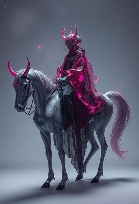 toxic skin art style, Laevateinn with neon lava-magenta galaxy black and white color palette Skin archaea/woman, Bioluminescence translucent background, full view, hyper realistic, masterpiece, 32k, detailed, full body view, female ,Big legs, wide hips, a the woman wearing shattered glass like robe, woman is riding a Laevateinn with pearl-white magenta galaxy black and white color palette Skin,