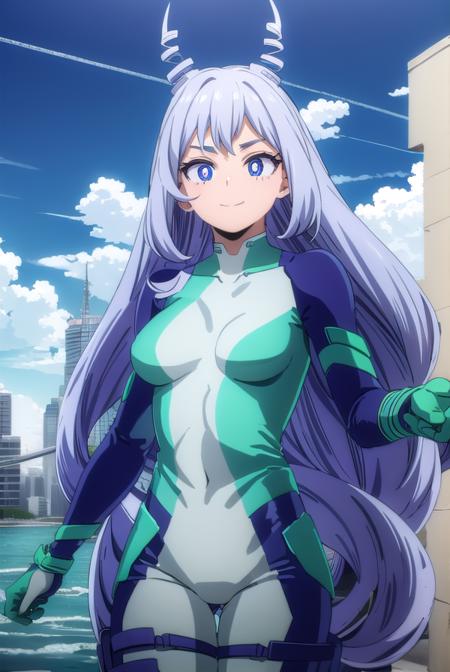 nejirehadou, <lora:nejire hadou s6-lora-nochekaiser:1>,
nejire hadou, long hair, blue eyes, very long hair, blue hair, drill hair, twin drills, hair horns, (bright pupils:1.5), smile,
BREAK gloves, bodysuit, superhero,
BREAK outdoors, city, sky, sun, clouds,
BREAK looking at viewer, (cowboy shot:1.5),
BREAK <lyco:GoodHands-beta2:1>, (masterpiece:1.2), best quality, high resolution, unity 8k wallpaper, (illustration:0.8), (beautiful detailed eyes:1.6), extremely detailed face, perfect lighting, extremely detailed CG, (perfect hands, perfect anatomy),