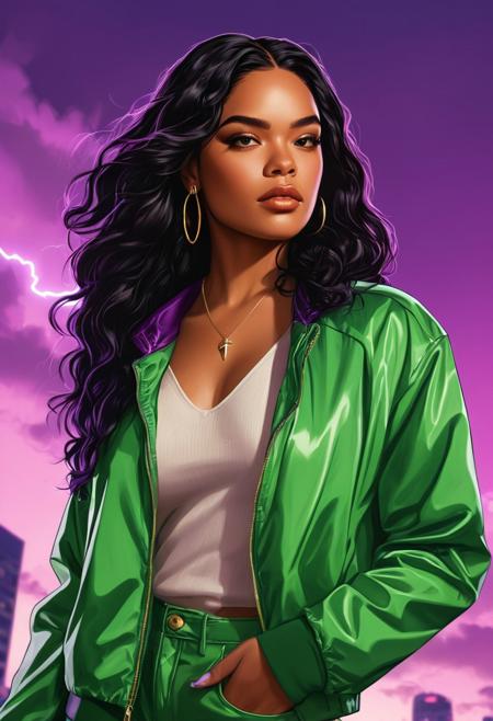 a woman with long black hair wearing a green jacket, gta vice city cover art, brown skin. light makeup, art in the style of disney, amazing lightning art, purple aethetic, tessa thompson, lizzo, portrait of megara, by Nene Thomas, beautiful 3 d rendering, eyecandy