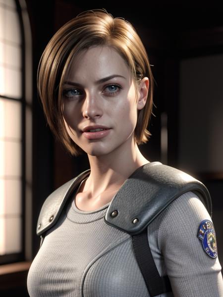 Jill valentine, portrait, smiling, award winning, looking at viewe (8k, RAW photo, best quality, masterpiece:1.2),ultra-detailed, (high detailed skin:1.2), 8k uhd, dslr, soft lighting, high quality, <lora:Jill_Valentine_RE1R_v1:0.65>