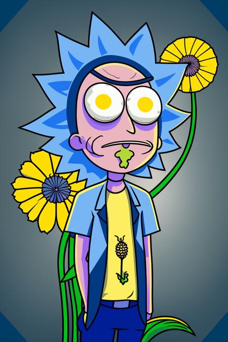 a cartoon character  with a denim background and a dandelion  head, Beeple,  vector art, computer art
 , r_m