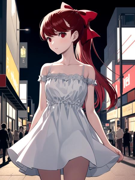 masterpiece, best quality, 1girl, solo, dskasumi, red hair, long hair, ponytail, red eyes, hair bow, white dress, bare shoulders, standing, city, night, street lights, detailed background, cowboy shot, soejima shigenori
 <lyco:dskasumi-v2_lc:1>