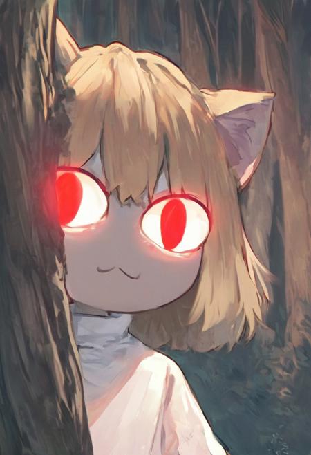 score_9, score_8_up, score_7_up, solo, peeking out, upper body, hiding behind tree, night, horror \(theme\), forest, necoarc, glowing eyes, cat ears, blonde hair, red eyes, chibi, :3, white shirt, turtleneck,  looking at viewer