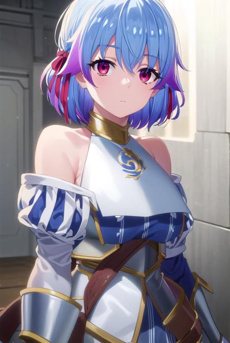 rutiragnason, <lora:ruti ragnason s1-lora-nochekaiser:1>,
ruti ragnason, short hair, (red eyes:1.3), ribbon, blue hair, hair ribbon, ahoge,
BREAK dress, bare shoulders, detached sleeves, armor, breastplate,
BREAK outdoors,
BREAK looking at viewer, (cowboy shot:1.5),
BREAK <lyco:GoodHands-beta2:1>, (masterpiece:1.2), best quality, high resolution, unity 8k wallpaper, (illustration:0.8), (beautiful detailed eyes:1.6), extremely detailed face, perfect lighting, extremely detailed CG, (perfect hands, perfect anatomy),