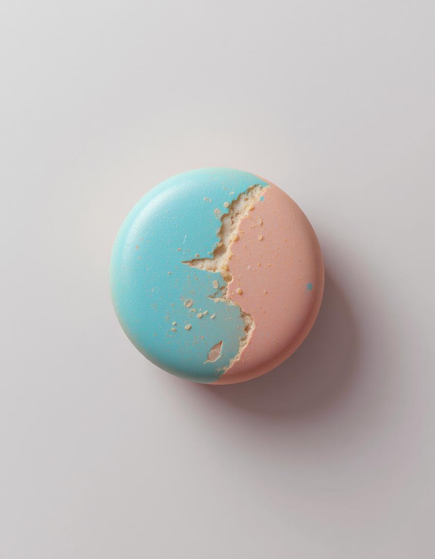 A meticulously rendered, top-down view of a single Mongolian macaron presented on a plain surface. The macaron exhibits sharp, hyper-realistic detail in its vibrant pastel hues and symmetrical almond shape. The overall composition adopts a clean, minimalist aesthetic reminiscent of Arts and Crafts Movement design principles, featuring uncluttered lines and an emphasis on organic forms. Rendered with precise, delicate brushstrokes akin to Minrill's signature style, prioritize smooth gradients and meticulous texture depiction for the macaron's surface and filling.  Capture three distinct areas: 1) the intricate patterns delicately imprinted on the shell, 2) the glossy sheen of the ganache filling, and 3) the subtle textural variation of the base cookie. Capture micro-details like: 1) individual sugar crystals clinging to the shell's edge, 2) the fine air bubbles within the ganache, and 3) faint streaks hinting at the macaron's baking process.