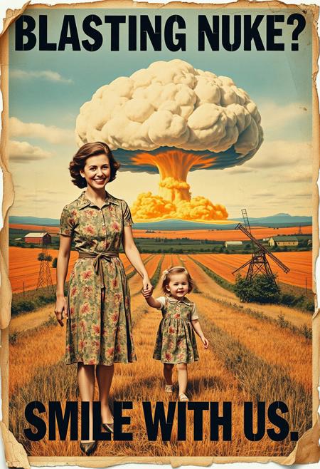 “A decayed, vintage-style poster from 1957, weathered and torn, depicting a surreal American country scene. The faded image shows a woman in a floral-patterned 1950s dress holding her young daughter’s hand, her wide, mad smile radiating an eerie charm. In the far background, a massive nuclear mushroom cloud dominates the sky, with fiery orange fireballs at its base and visible blast waves rippling through the landscape. The poster’s bold text, ‘BLASTING NUKE?’ across the upper section and ‘SMILE WITH US’ in the lower section, is faded, smeared, and inked with scribbles and stains. The paper appears rotten, with tears, creases, and discolored edges, evoking a haunting sense of abandonment and decay, adding to the unsettling atmosphere of the piece.”